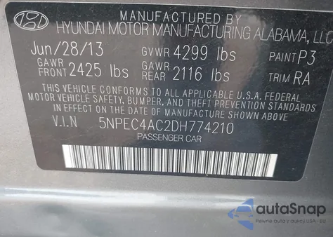 2013 Hyundai Sonata Se из США, поврежденный, VIN 5NPEC4AC2DH774210